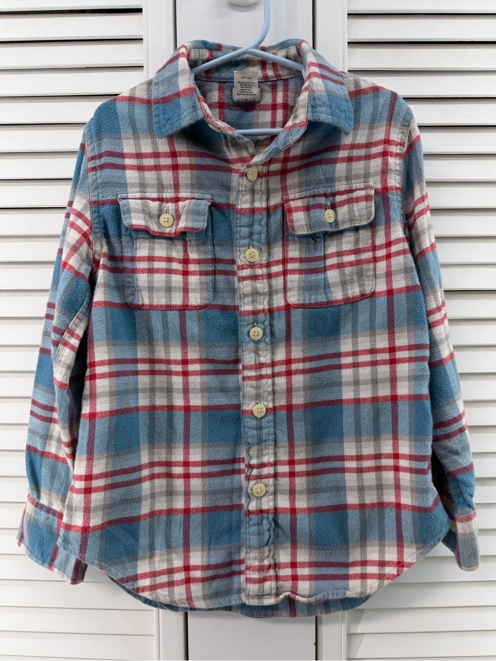 Crewcuts size 6-7 light Blue, Red & White Plaid Button-Down flannel Shirt